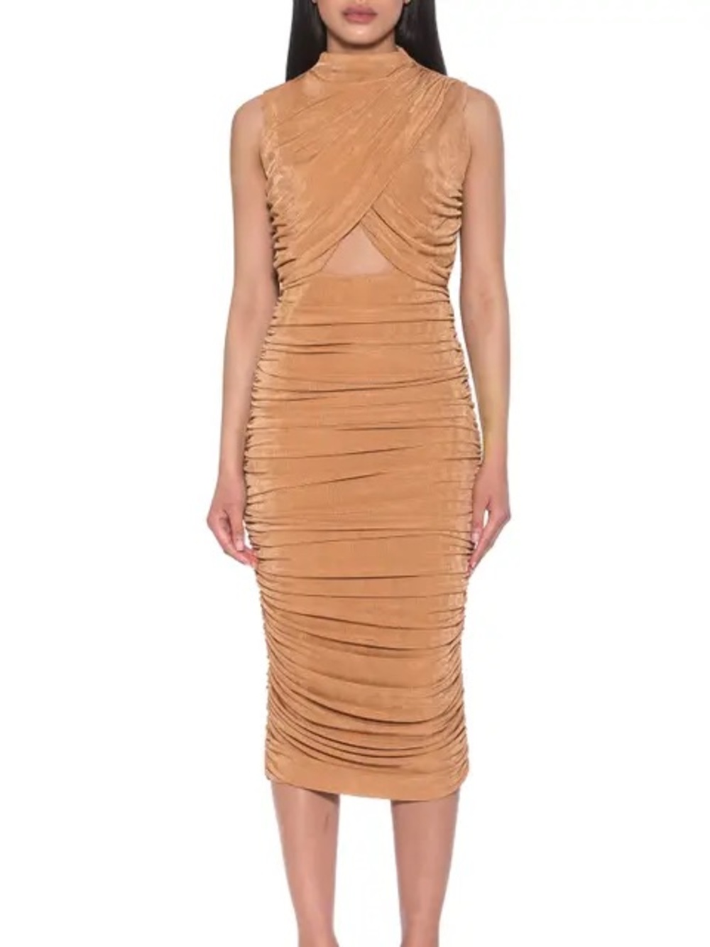 Alexia Admor Camel Ruched Sleeveless Midi Dress